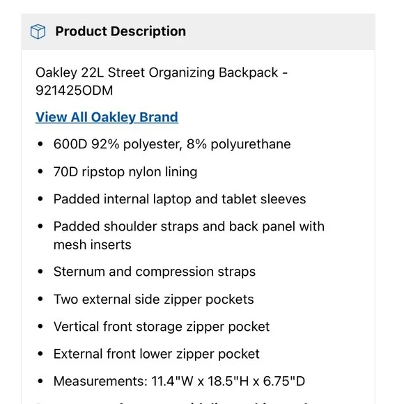 Oakley Street Organizing Backpack 22L Blackout Laptop Bag RFID New School Travel - Picture 7 of 8